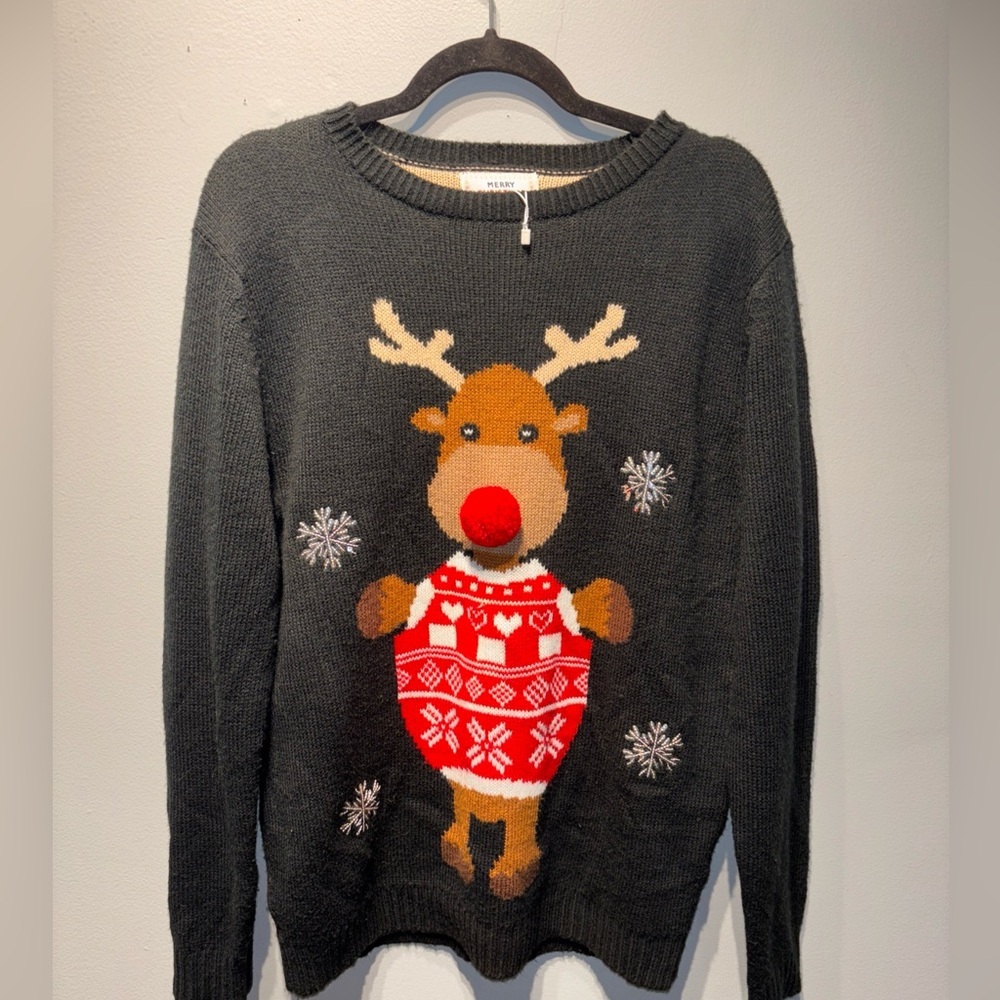 Daisys Boutique Christmas Sweater XL‎ Black Rudolf Reindeer Pom Pom  Nose NWOT
